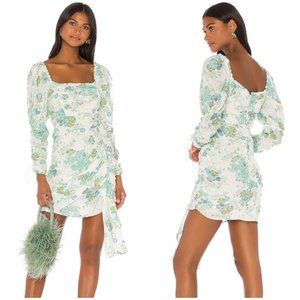 NWT For Love & Lemons White Blue Floral Ruched Long Sleeve Mini Dress